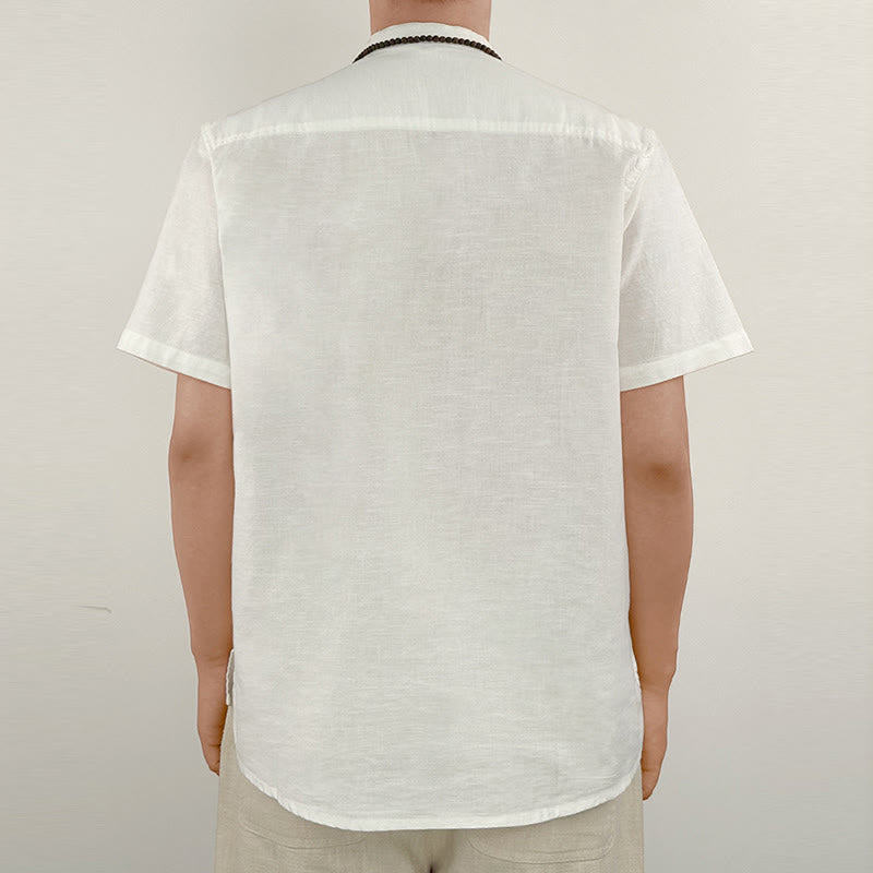 Koszula męska z krótkim rękawem i guzikami z lnu w jednolitym kolorze z Buddha Stones - image 17