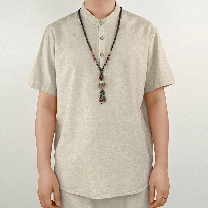 Koszula męska z krótkim rękawem i guzikami z lnu w jednolitym kolorze z Buddha Stones - Bielizna - US/UK/AU44， EU54 (4XL) - image 8