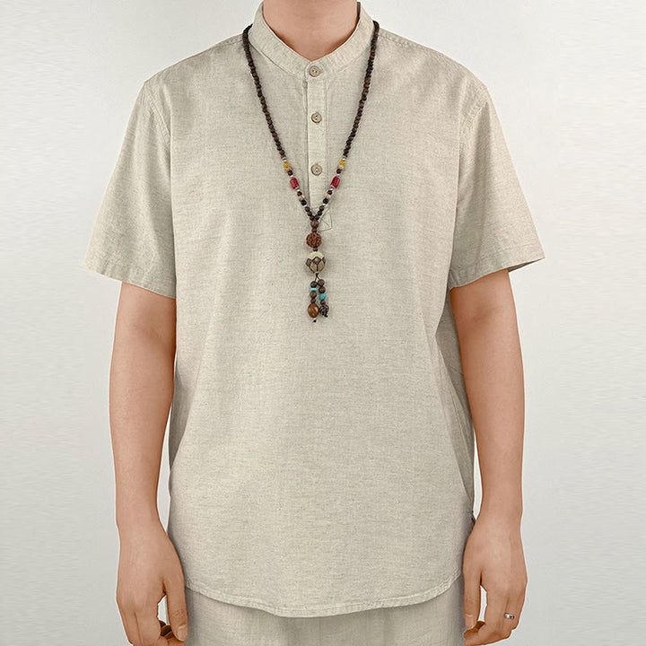 Koszula męska z krótkim rękawem i guzikami z lnu w jednolitym kolorze z Buddha Stones - Bielizna - US/UK/AU44， EU54 (4XL) - image 8