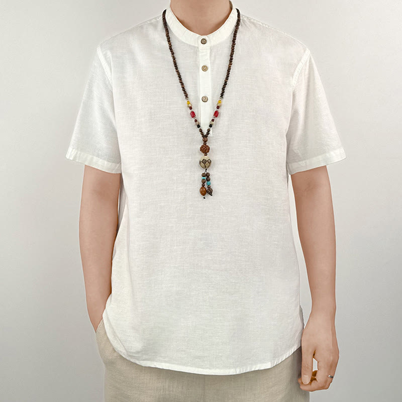 Koszula męska z krótkim rękawem i guzikami z lnu w jednolitym kolorze z Buddha Stones - Biały - US/UK/AU44， EU54 (4XL) - image 16