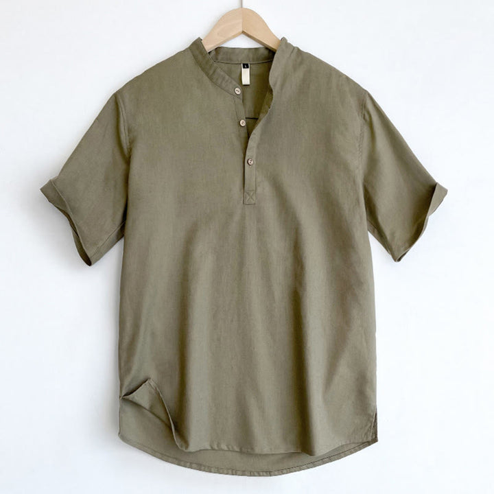 Koszula męska z krótkim rękawem i guzikami z lnu w jednolitym kolorze z Buddha Stones - image 4