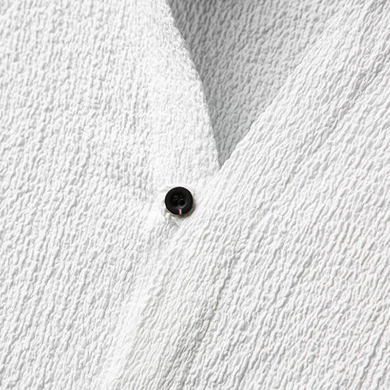 Buddha Stones 2 szt. Jednolity kolor Tekstura Guzik Półrękaw Koszula Spodnie Męski Zestaw - image 5