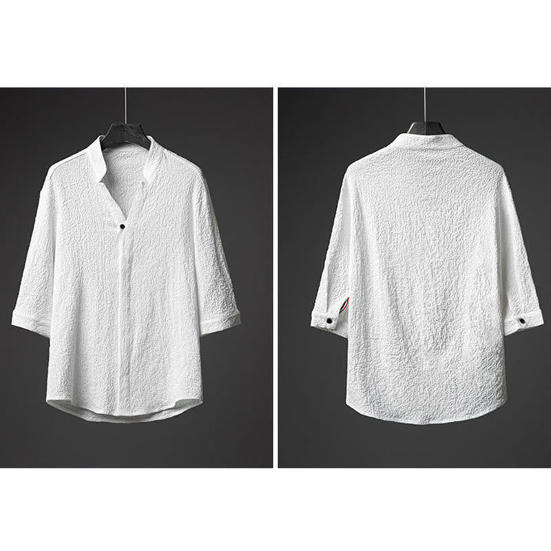 Buddha Stones 2 szt. Jednolity kolor Tekstura Guzik Półrękaw Koszula Spodnie Męski Zestaw - image 8