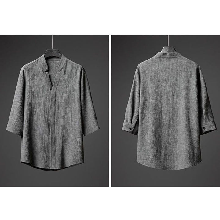 Buddha Stones 2 szt. Jednolity kolor Tekstura Guzik Półrękaw Koszula Spodnie Męski Zestaw - image 1