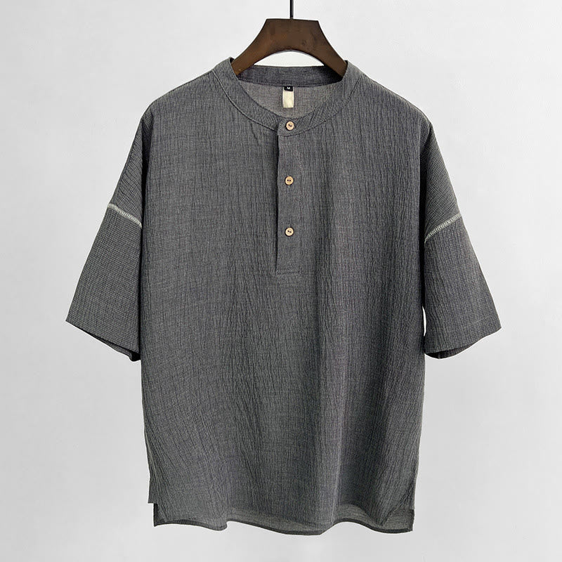 Koszula męska z krótkim rękawem i guzikami Buddha Stones Summer Solid Color - Ciemnoszary - 4XL(pasuje do USUK/AU46; EU56) - image 1