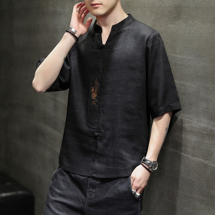 Kamienie Buddha Stones -Guzik Feniks Haft Chiński Tang Suit Krótki Rękaw Koszula Bawełniana Len Męska Odzież - image 17