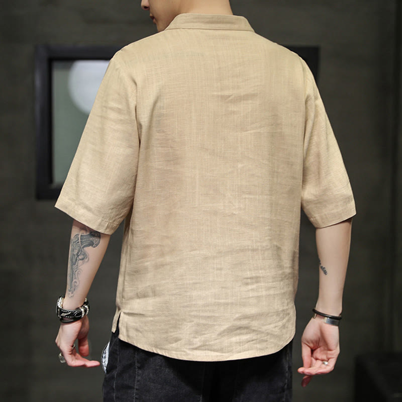 Kamienie Buddha Stones -Guzik Feniks Haft Chiński Tang Suit Krótki Rękaw Koszula Bawełniana Len Męska Odzież - image 12