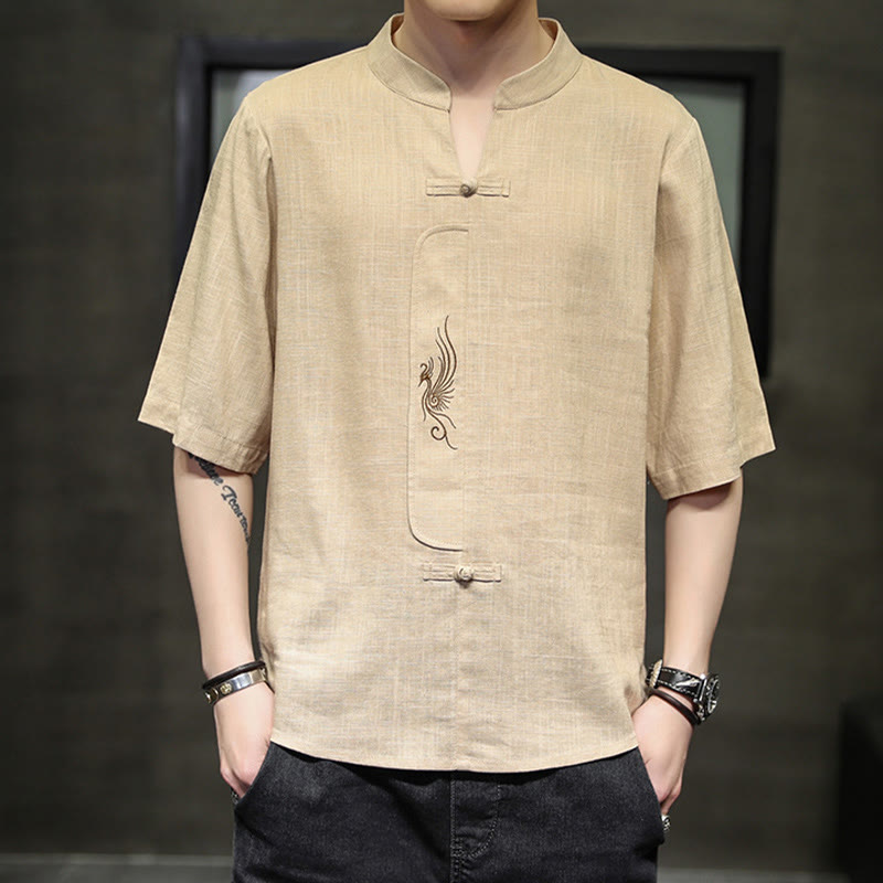 Kamienie Buddha Stones -Guzik Feniks Haft Chiński Tang Suit Krótki Rękaw Koszula Bawełniana Len Męska Odzież - For - US/UK/AU46， EU56 (5XL) - image 11