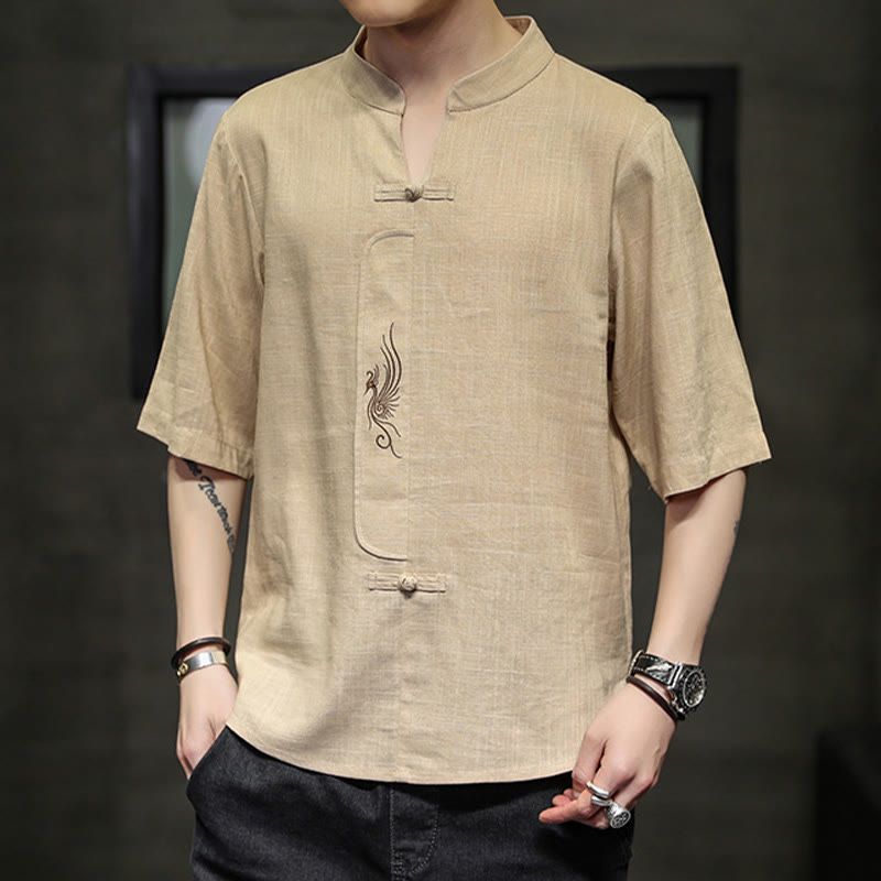 Kamienie Buddha Stones -Guzik Feniks Haft Chiński Tang Suit Krótki Rękaw Koszula Bawełniana Len Męska Odzież - image 14