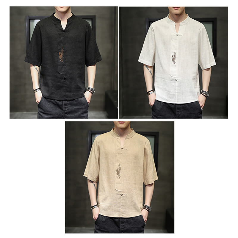 Kamienie Buddha Stones -Guzik Feniks Haft Chiński Tang Suit Krótki Rękaw Koszula Bawełniana Len Męska Odzież - image 24