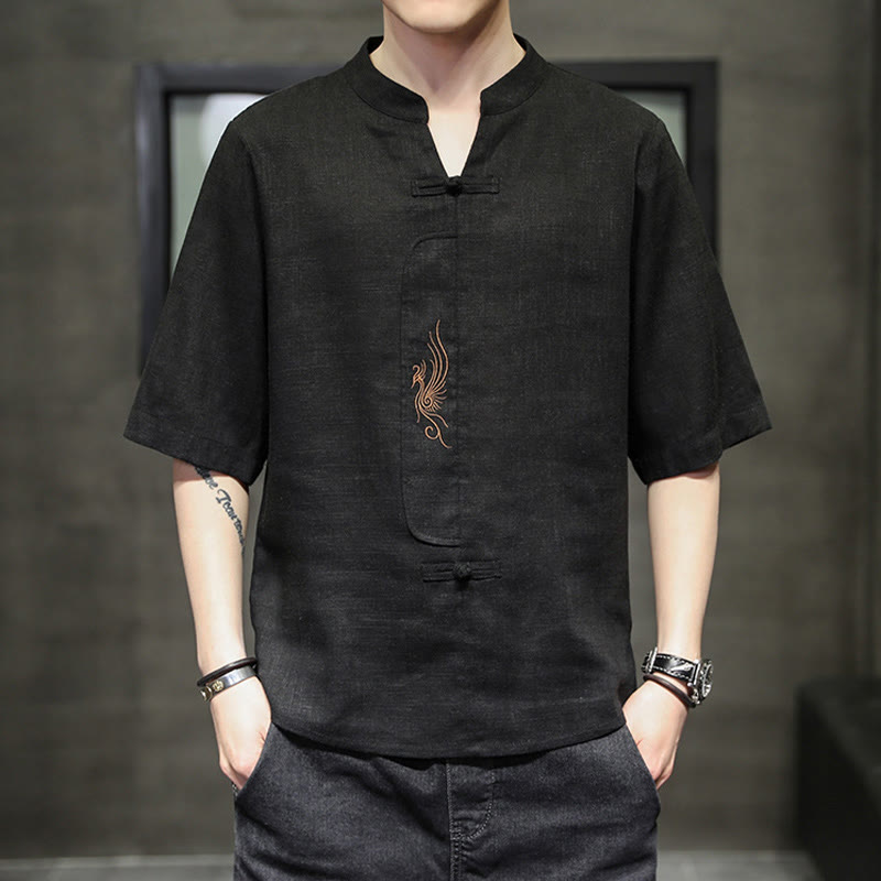 Kamienie Buddha Stones -Guzik Feniks Haft Chiński Tang Suit Krótki Rękaw Koszula Bawełniana Len Męska Odzież - Czarny - US/UK/AU46， EU56 (5XL) - image 16