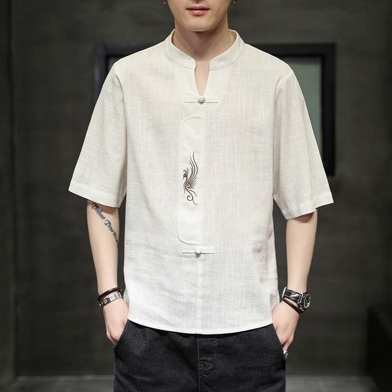 Kamienie Buddha Stones -Guzik Feniks Haft Chiński Tang Suit Krótki Rękaw Koszula Bawełniana Len Męska Odzież - image 1