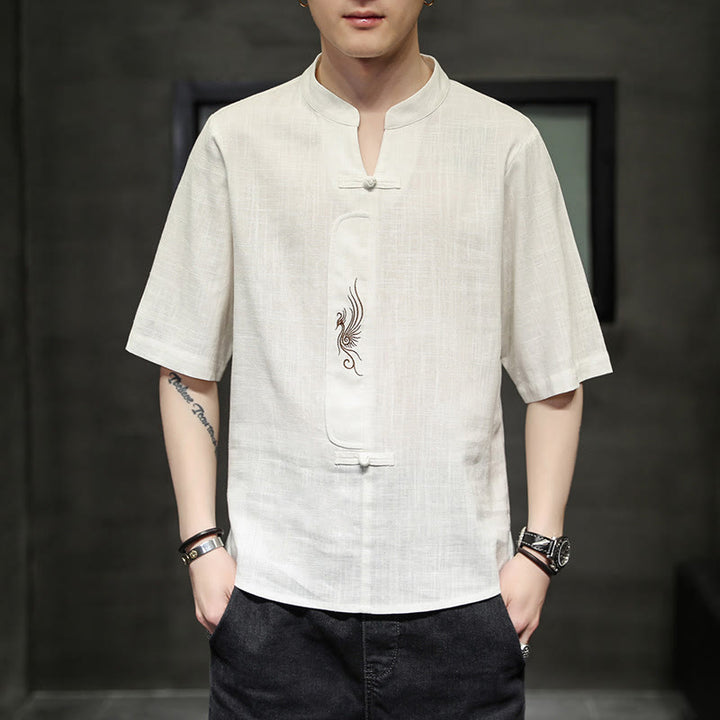 Kamienie Buddha Stones -Guzik Feniks Haft Chiński Tang Suit Krótki Rękaw Koszula Bawełniana Len Męska Odzież - image 1