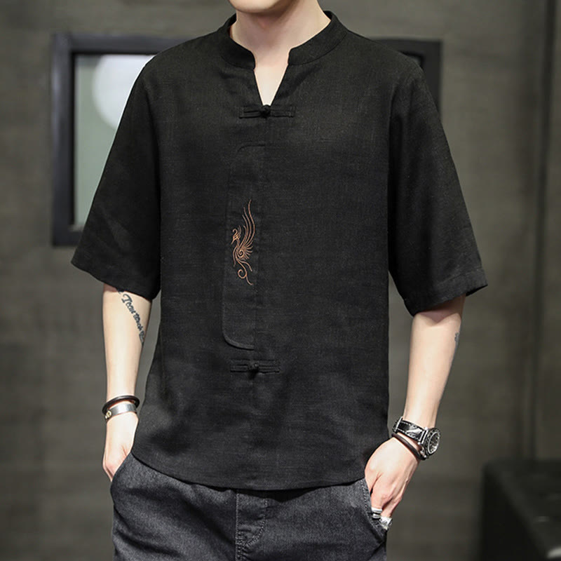 Kamienie Buddha Stones -Guzik Feniks Haft Chiński Tang Suit Krótki Rękaw Koszula Bawełniana Len Męska Odzież - image 20