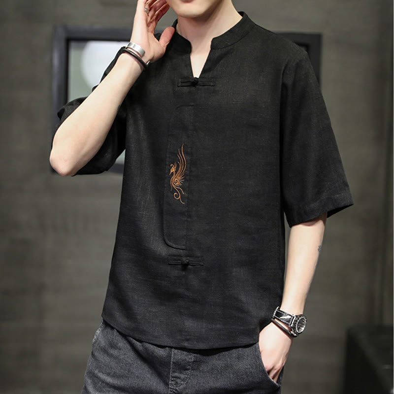 Kamienie Buddha Stones -Guzik Feniks Haft Chiński Tang Suit Krótki Rękaw Koszula Bawełniana Len Męska Odzież - image 22