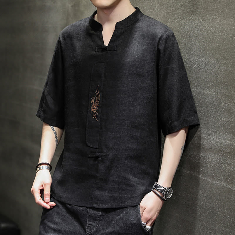 Kamienie Buddha Stones -Guzik Feniks Haft Chiński Tang Suit Krótki Rękaw Koszula Bawełniana Len Męska Odzież - image 19
