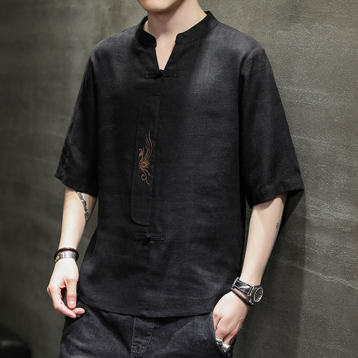 Kamienie Buddha Stones -Guzik Feniks Haft Chiński Tang Suit Krótki Rękaw Koszula Bawełniana Len Męska Odzież - image 19