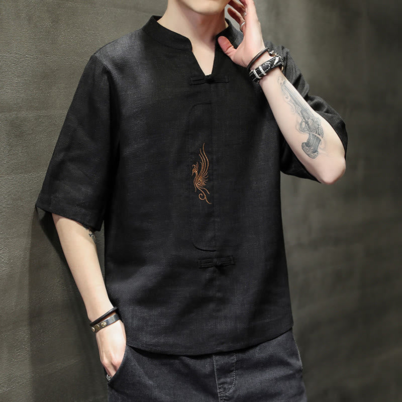 Kamienie Buddha Stones -Guzik Feniks Haft Chiński Tang Suit Krótki Rękaw Koszula Bawełniana Len Męska Odzież - image 18