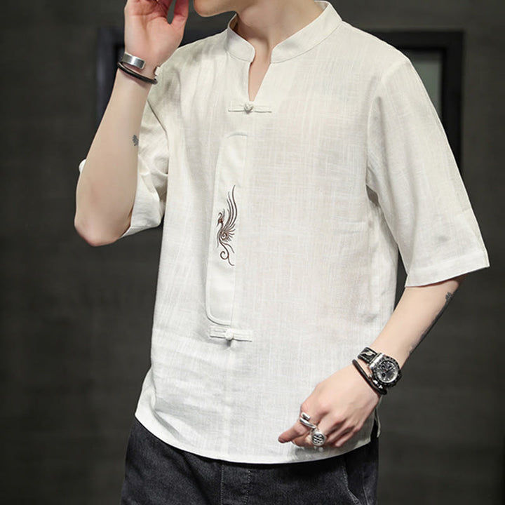 Kamienie Buddha Stones -Guzik Feniks Haft Chiński Tang Suit Krótki Rękaw Koszula Bawełniana Len Męska Odzież - image 7
