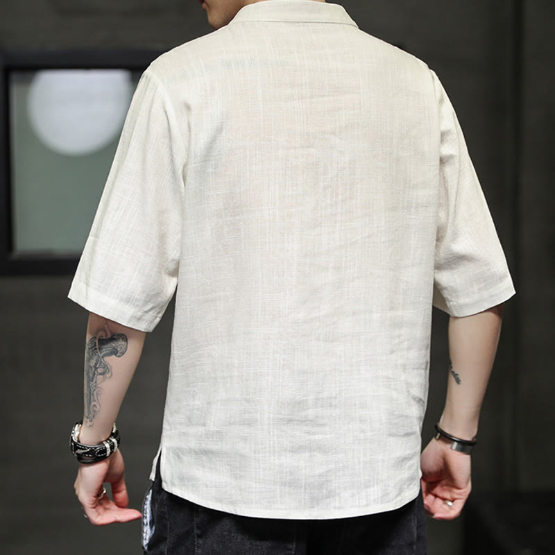 Kamienie Buddha Stones -Guzik Feniks Haft Chiński Tang Suit Krótki Rękaw Koszula Bawełniana Len Męska Odzież - image 2