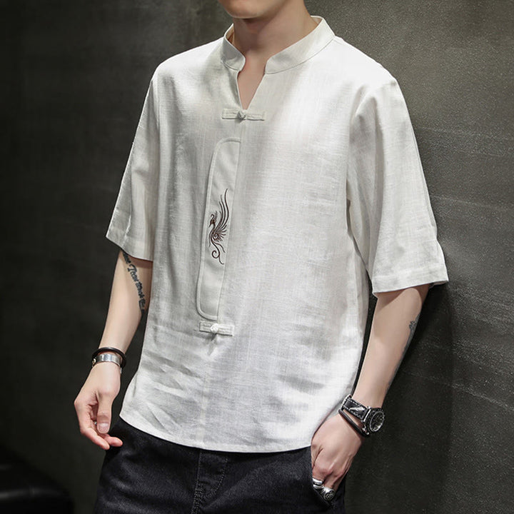 Kamienie Buddha Stones -Guzik Feniks Haft Chiński Tang Suit Krótki Rękaw Koszula Bawełniana Len Męska Odzież - image 3