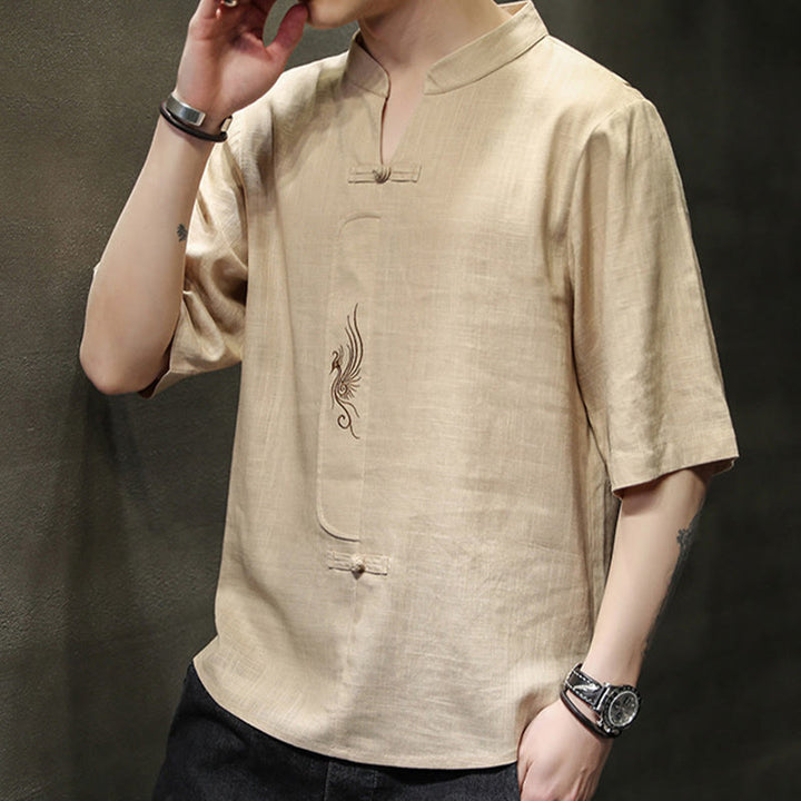 Kamienie Buddha Stones -Guzik Feniks Haft Chiński Tang Suit Krótki Rękaw Koszula Bawełniana Len Męska Odzież - image 13