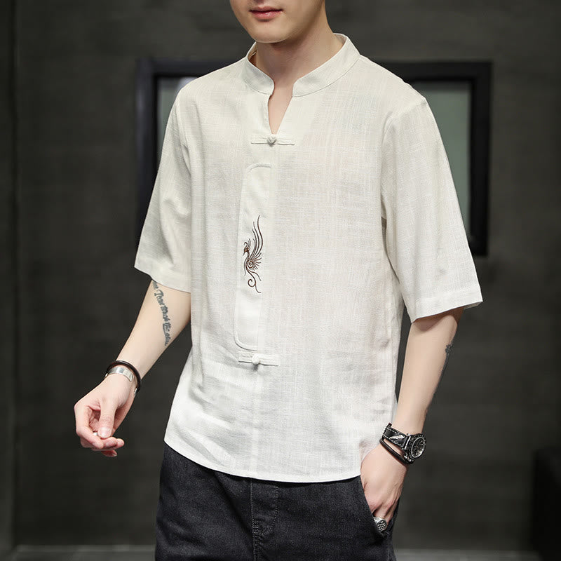 Kamienie Buddha Stones -Guzik Feniks Haft Chiński Tang Suit Krótki Rękaw Koszula Bawełniana Len Męska Odzież - image 6