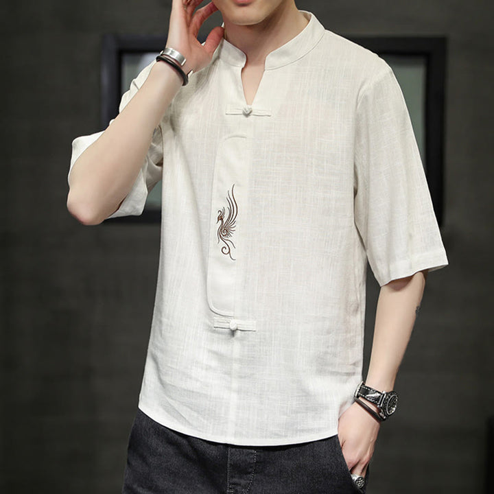 Kamienie Buddha Stones -Guzik Feniks Haft Chiński Tang Suit Krótki Rękaw Koszula Bawełniana Len Męska Odzież - image 5