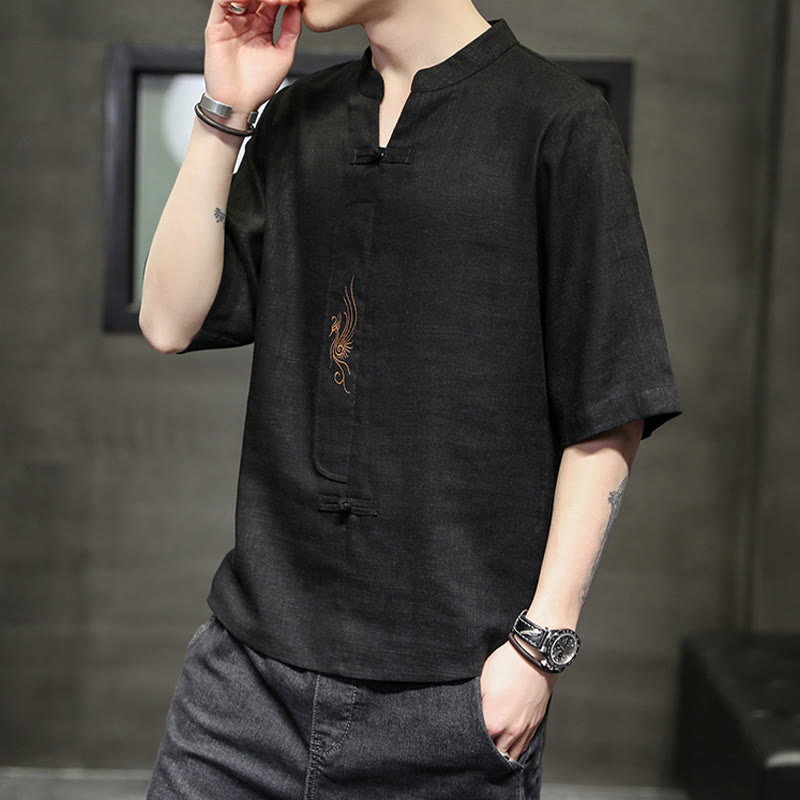 Kamienie Buddha Stones -Guzik Feniks Haft Chiński Tang Suit Krótki Rękaw Koszula Bawełniana Len Męska Odzież - image 21