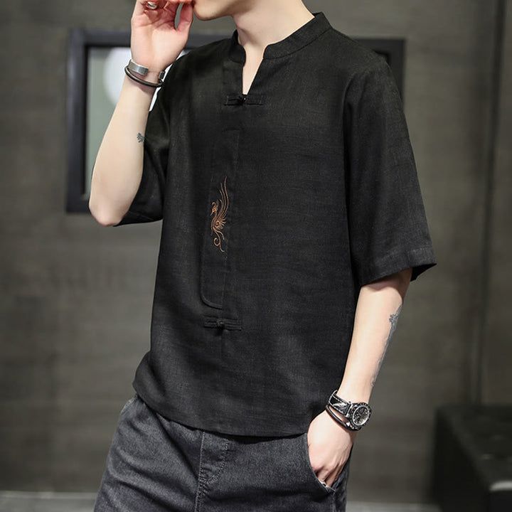 Kamienie Buddha Stones -Guzik Feniks Haft Chiński Tang Suit Krótki Rękaw Koszula Bawełniana Len Męska Odzież - image 21