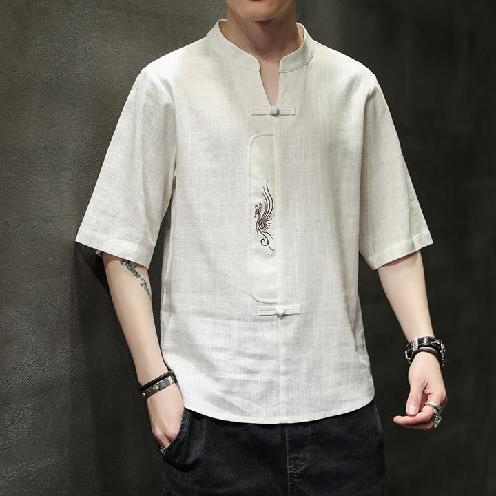 Kamienie Buddha Stones -Guzik Feniks Haft Chiński Tang Suit Krótki Rękaw Koszula Bawełniana Len Męska Odzież - Śnieg - US/UK/AU46， EU56 (5XL) - image 0