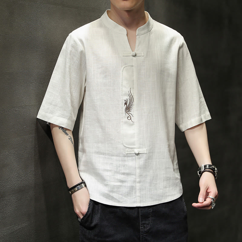 Kamienie Buddha Stones -Guzik Feniks Haft Chiński Tang Suit Krótki Rękaw Koszula Bawełniana Len Męska Odzież - Śnieg - US/UK/AU46， EU56 (5XL) - image 1