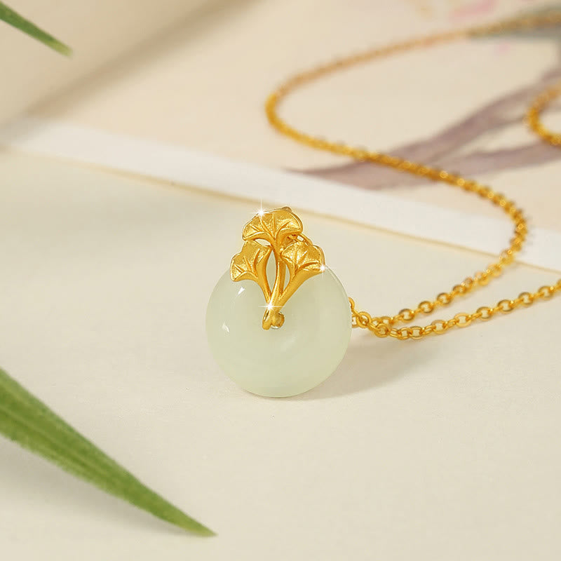 Buddha Stones 925 Srebro Sterlingowe Hetian Jade Liście Miłorzębu Naszyjnik Wisiorek Dobrobyt