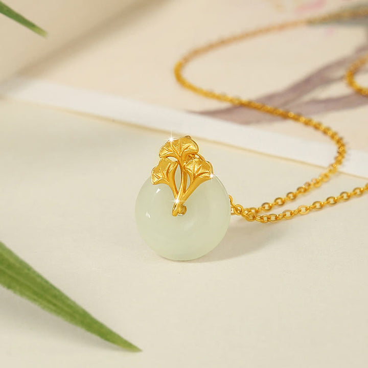 Buddha Stones 925 Srebro Sterlingowe Hetian Jade Liście Miłorzębu Naszyjnik Wisiorek Dobrobyt