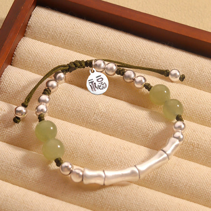 Buddha Stones 925 Srebro Sterling Naturalny Jade Fu Charakter Bambus Bransoletka Obfitość