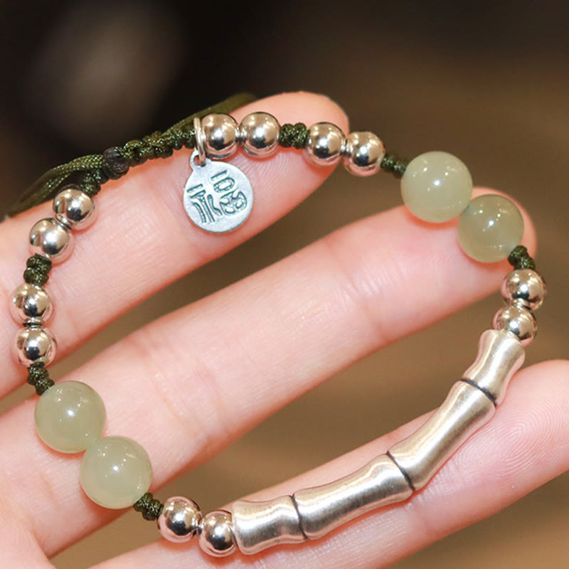 Buddha Stones 925 Srebro Sterling Naturalny Jade Fu Charakter Bambus Bransoletka Obfitość