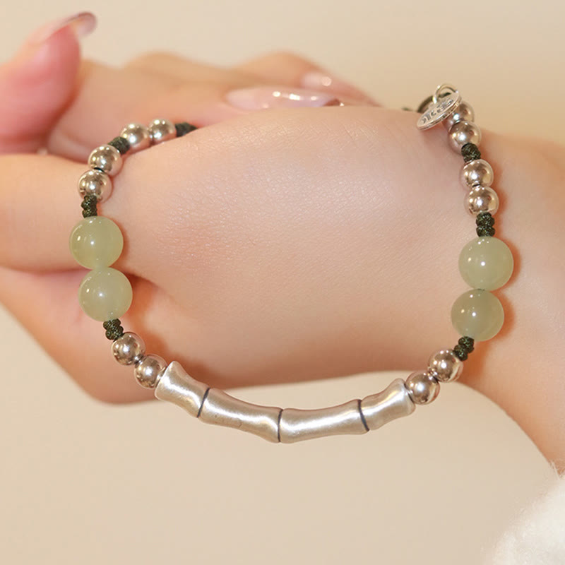 Buddha Stones 925 Srebro Sterling Naturalny Jade Fu Charakter Bambus Bransoletka Obfitość