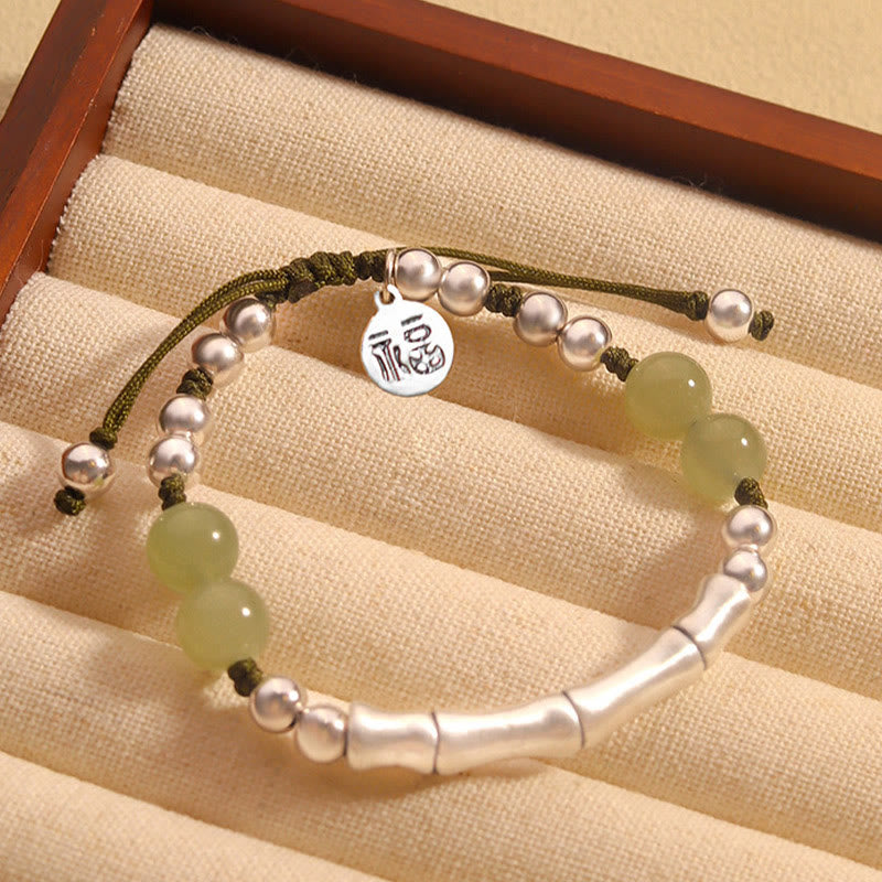 Buddha Stones 925 Srebro Sterling Naturalny Jade Fu Charakter Bambus Bransoletka Obfitość - Jadeit (obwód nadgarstka 14-19 cm) - image 0