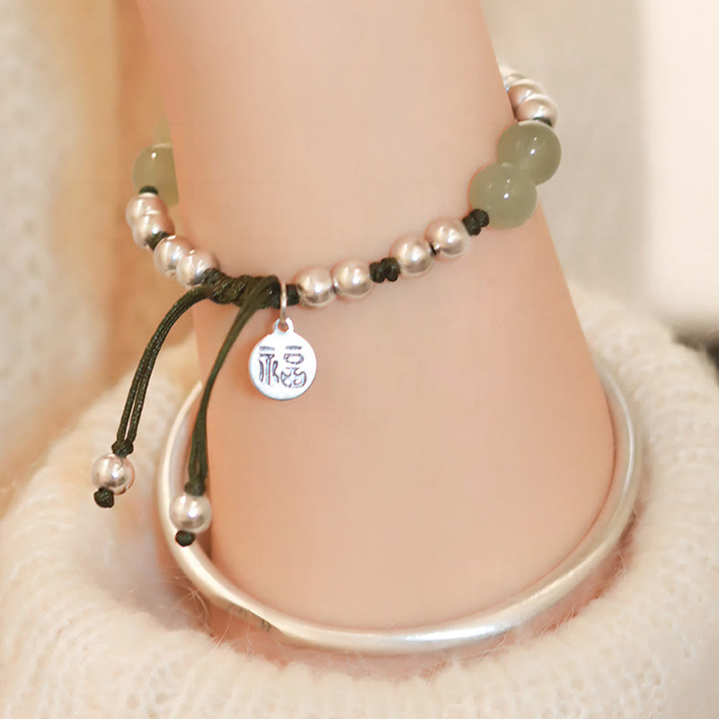 Buddha Stones 925 Srebro Sterling Naturalny Jade Fu Charakter Bambus Bransoletka Obfitość