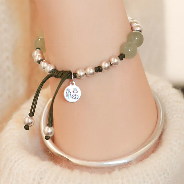 Buddha Stones 925 Srebro Sterling Naturalny Jade Fu Charakter Bambus Bransoletka Obfitość