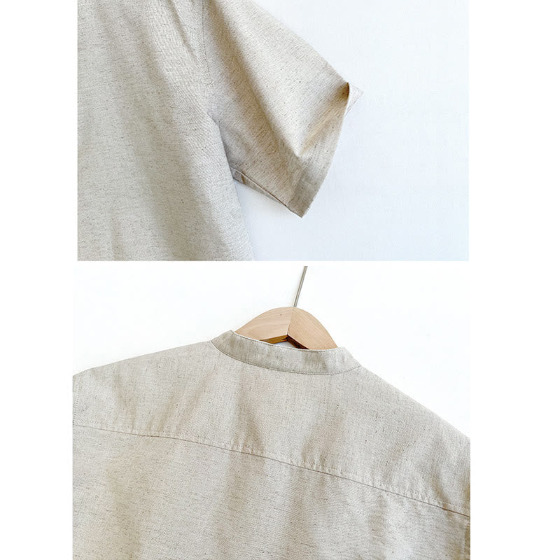 Koszula męska z krótkim rękawem i guzikami z lnu w jednolitym kolorze z Buddha Stones - image 13