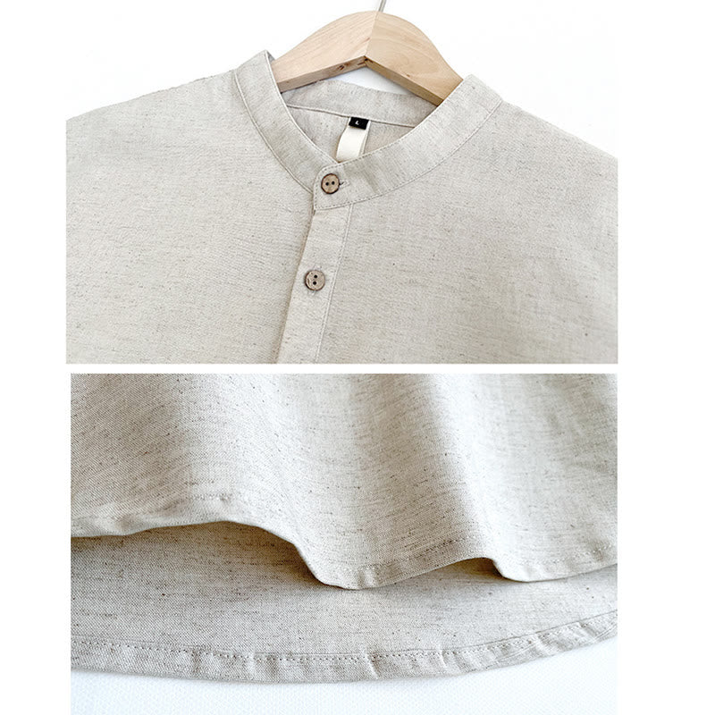 Koszula męska z krótkim rękawem i guzikami z lnu w jednolitym kolorze z Buddha Stones - image 12