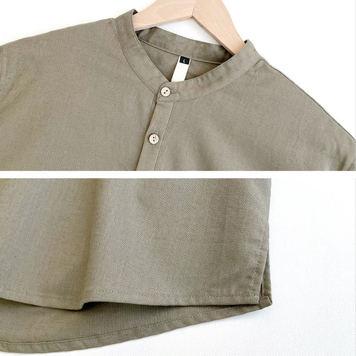 Koszula męska z krótkim rękawem i guzikami z lnu w jednolitym kolorze z Buddha Stones - image 5