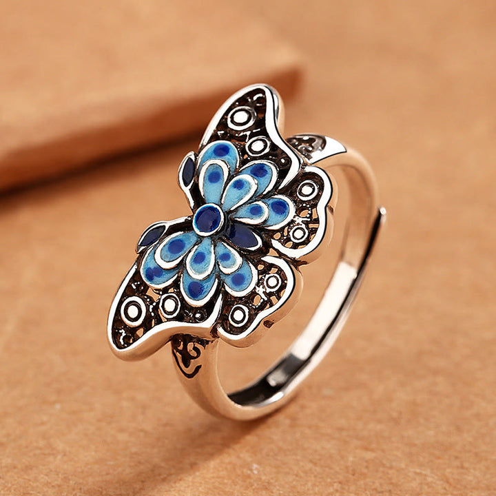 Pierścionek z motywem miłości Buddha Stones Hollow Enamel Blue Butterfly Pattern