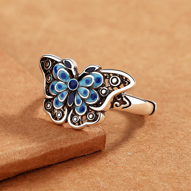 Pierścionek z motywem miłości Buddha Stones Hollow Enamel Blue Butterfly Pattern