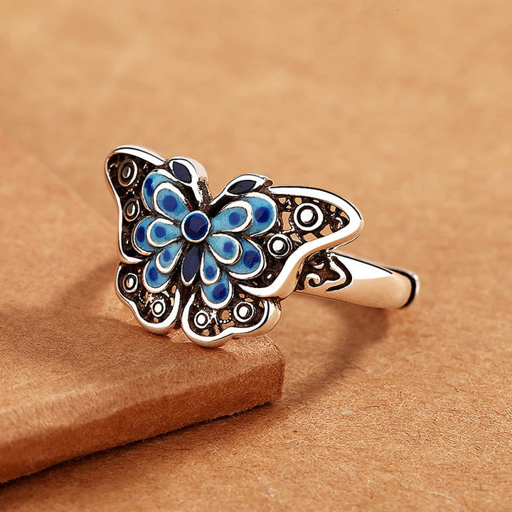 Pierścionek z motywem miłości Buddha Stones Hollow Enamel Blue Butterfly Pattern