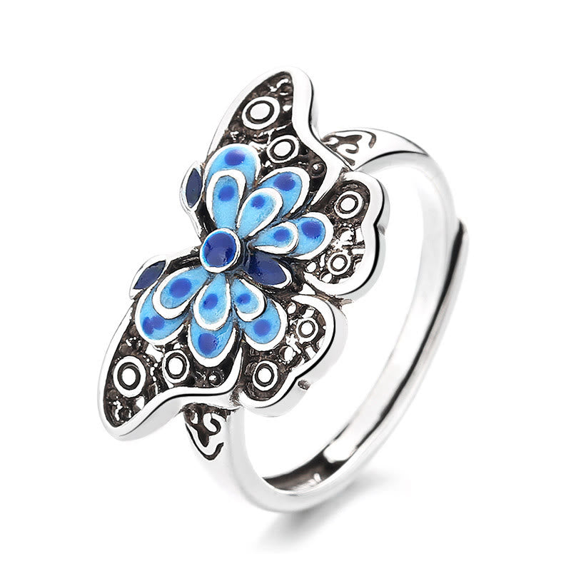 Pierścionek z motywem miłości Buddha Stones Hollow Enamel Blue Butterfly Pattern