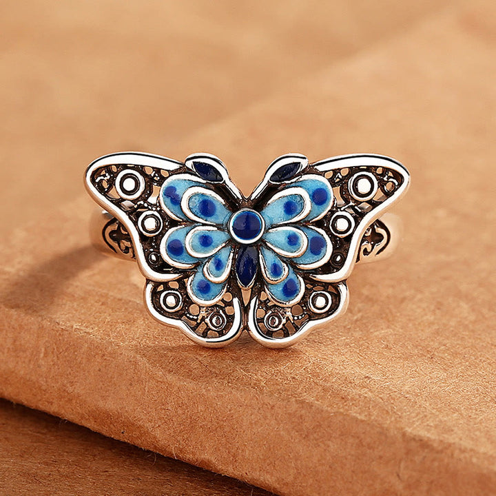 Pierścionek z motywem miłości Buddha Stones Hollow Enamel Blue Butterfly Pattern