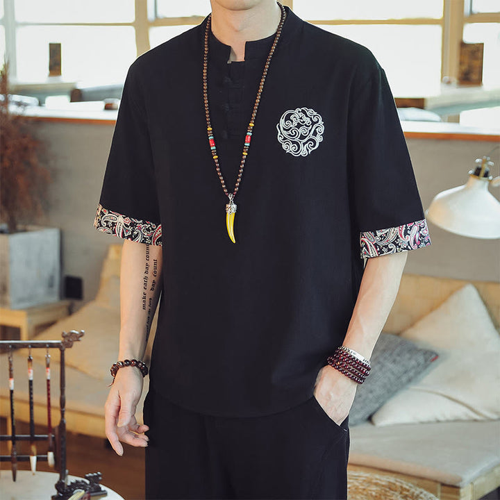 Kamienie Buddha Stones -Guzik Smok Haft Chiński Tang Suit Krótki Rękaw Koszula Lniana Męska Odzież - Czarny - US/UK/AU46， EU56 (5XL)  - image 25