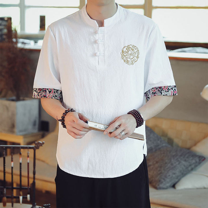 Kamienie Buddha Stones -Guzik Smok Haft Chiński Tang Suit Krótki Rękaw Koszula Lniana Męska Odzież - Biały - US/UK/AU46， EU56 (5XL)  - image 18